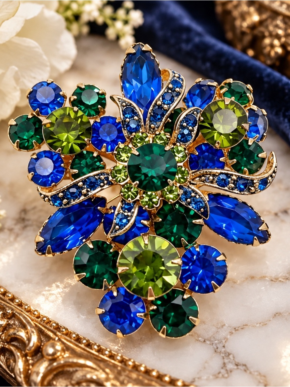 Vintage Blue Green Rhinestone Brooch Large Dimensional Floral Statement Piece